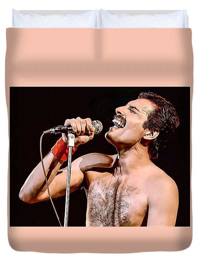 Freddie Mercury Wembley Duvet Cover featuring the painting Freddie Mercury Colour Painting by Vincent Monozlay
