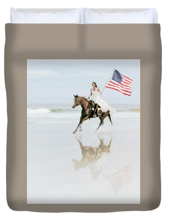 Flag Duvet Cover featuring the photograph Freedom Run by M Kathleen Warren