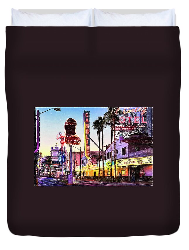 Fremont Street Duvet Cover featuring the mixed media Fremont Street Neon Signs - Digital Colored Pencil by Tatiana Travelways