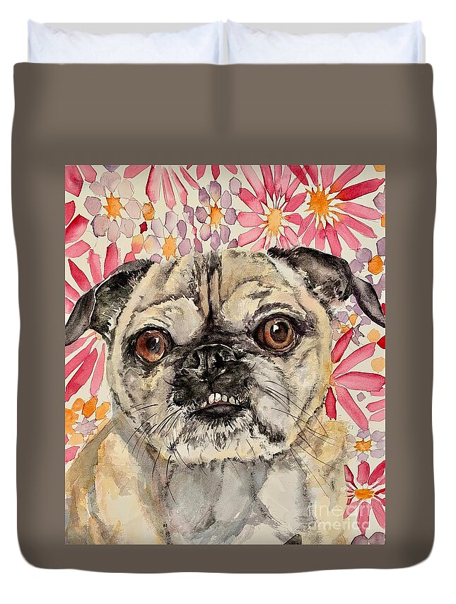 Pug Duvet Cover featuring the painting French Bulldog by Liana Yarckin