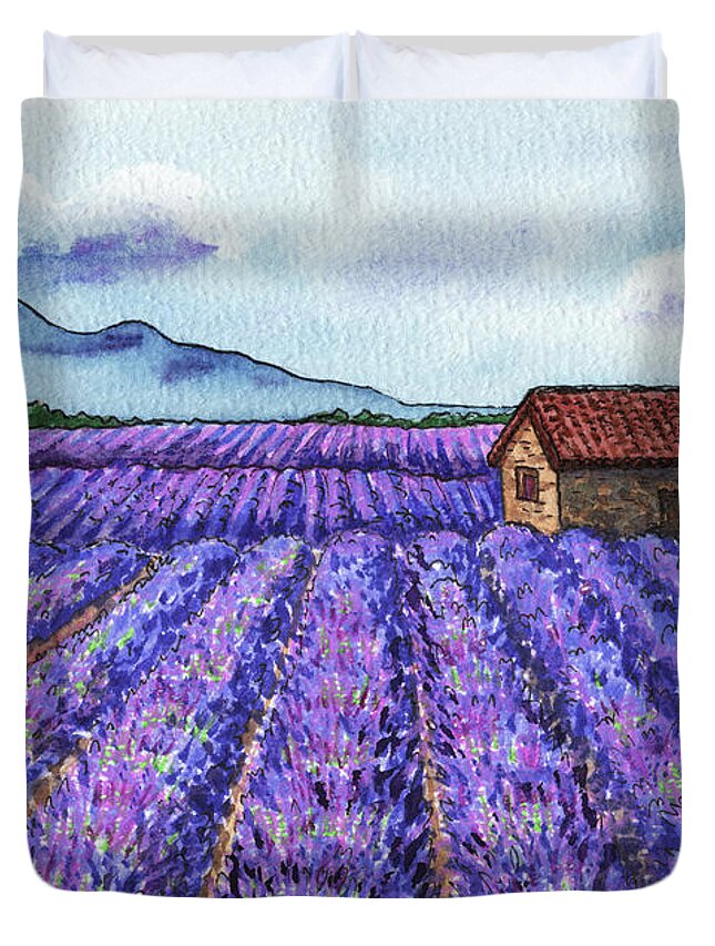 Lavender Duvet Cover featuring the painting French Countryside Lavender Fields Of Provence by Irina Sztukowski