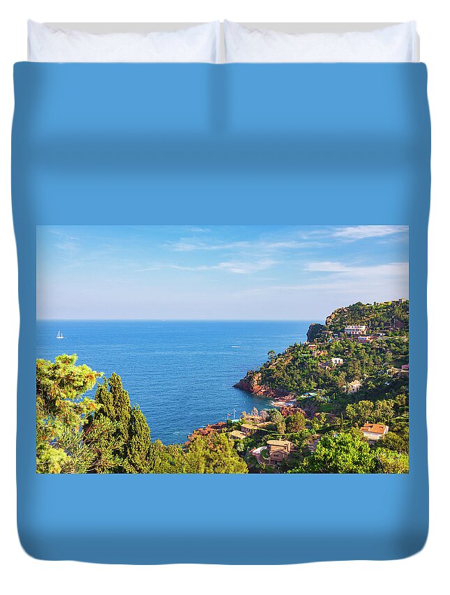 French Riviera Duvet Cover featuring the photograph French Mediterranean Coastline by Tatiana Travelways
