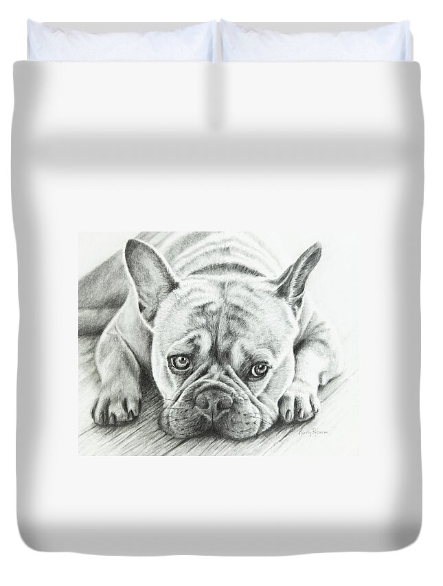 Bulldog Duvet Cover featuring the drawing Frenchie by Kirsty Rebecca