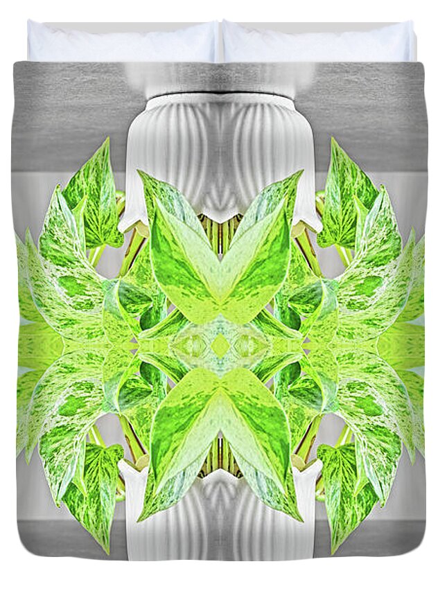 Surreal Duvet Cover featuring the photograph Fresh green plant surreal shaped symmetrical kaleidoscope by Gregory DUBUS