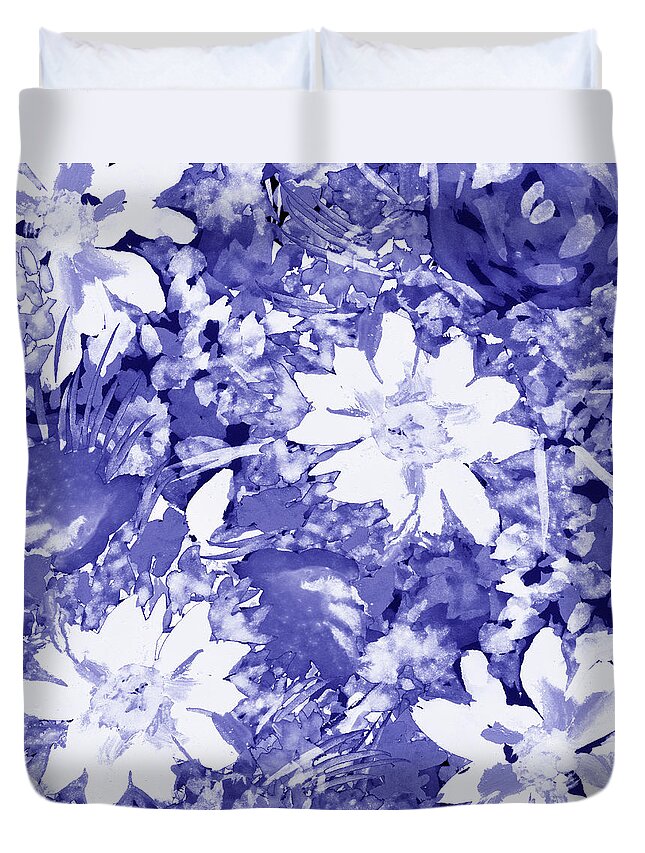 Flowers Duvet Cover featuring the painting Fresh Monochrome Flowers In Purple Blue Very Peri Modern Interior Design XLI by Irina Sztukowski