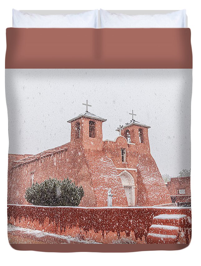 Taos Duvet Cover featuring the photograph Fresh Snow on the St Francis de Asis by Elijah Rael