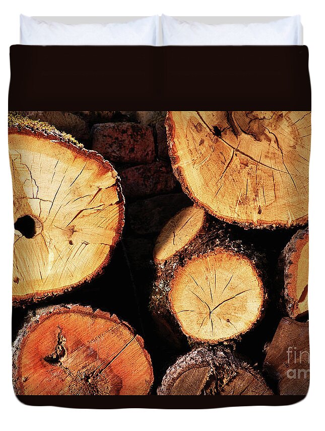 Log Duvet Cover featuring the photograph Freshly cut and stacked tree logs by Mendelex Photography