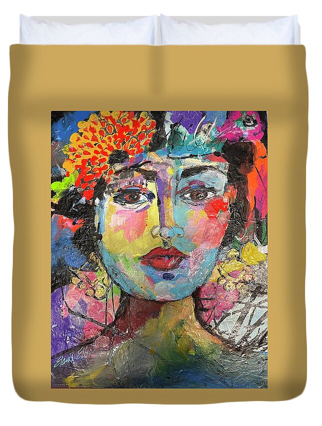 Frida Kahlo Duvet Cover featuring the painting Frida by Elaine Elliott