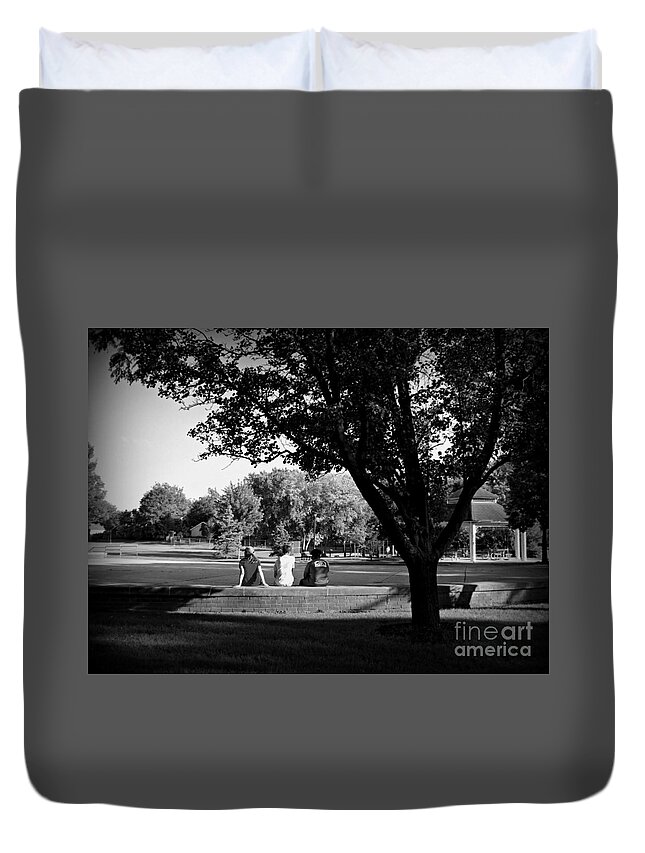 Monochrome Duvet Cover featuring the photograph Friends At The Park - Black and White by Frank J Casella