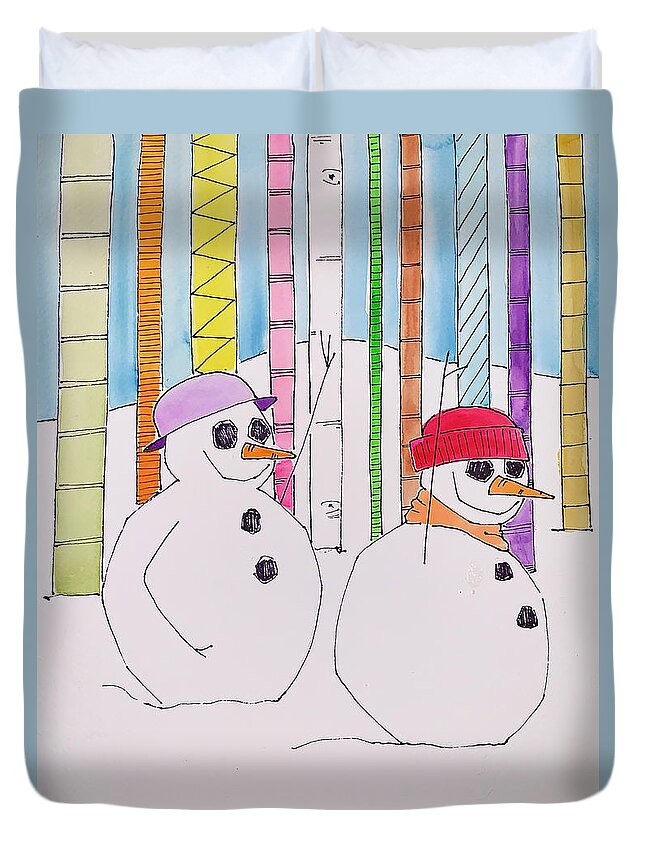 Snowmen Duvet Cover featuring the painting Friends by Donna Howard