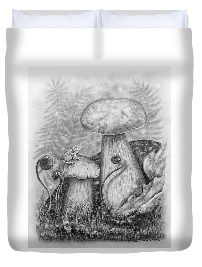 Frog Duvet Cover featuring the drawing Frog and Mushrooms by Lena Auxier
