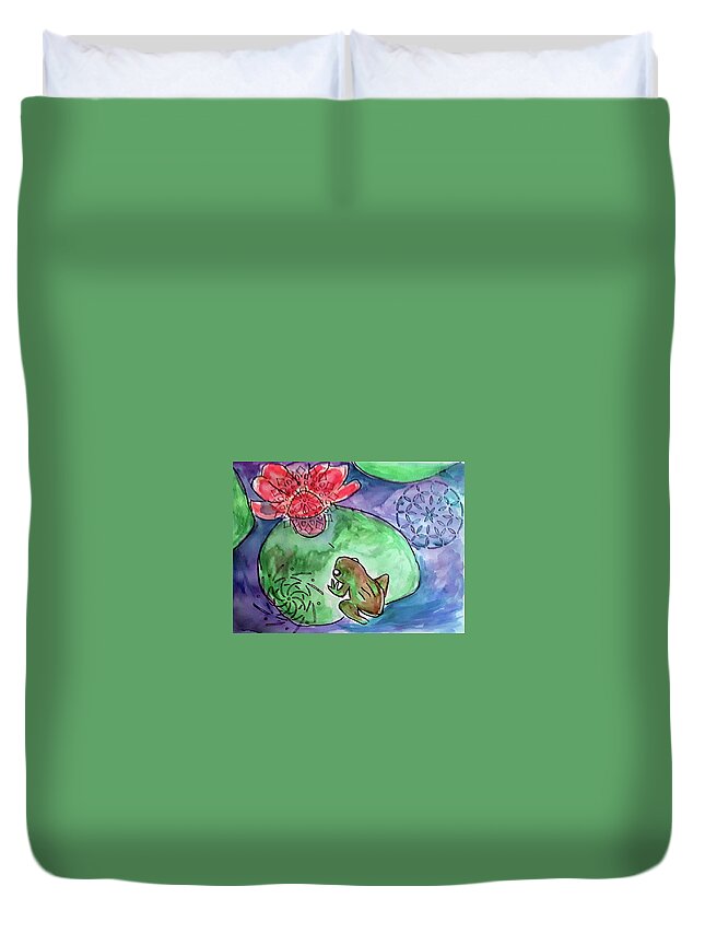 Watercolor Duvet Cover featuring the painting Frog Lotus by Loretta Nash