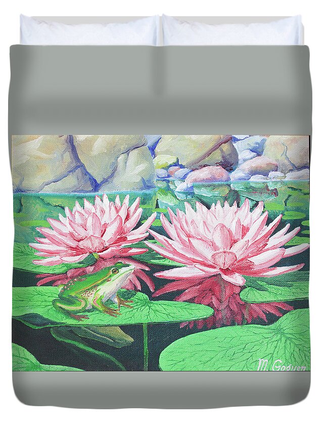 Frog Duvet Cover featuring the painting Frog with Waterlilies by Michael Goguen