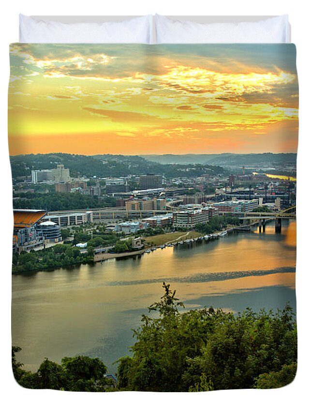 Pittsburgh Duvet Cover featuring the photograph From Acrisure Stadium To The Point Sunrise by Adam Jewell