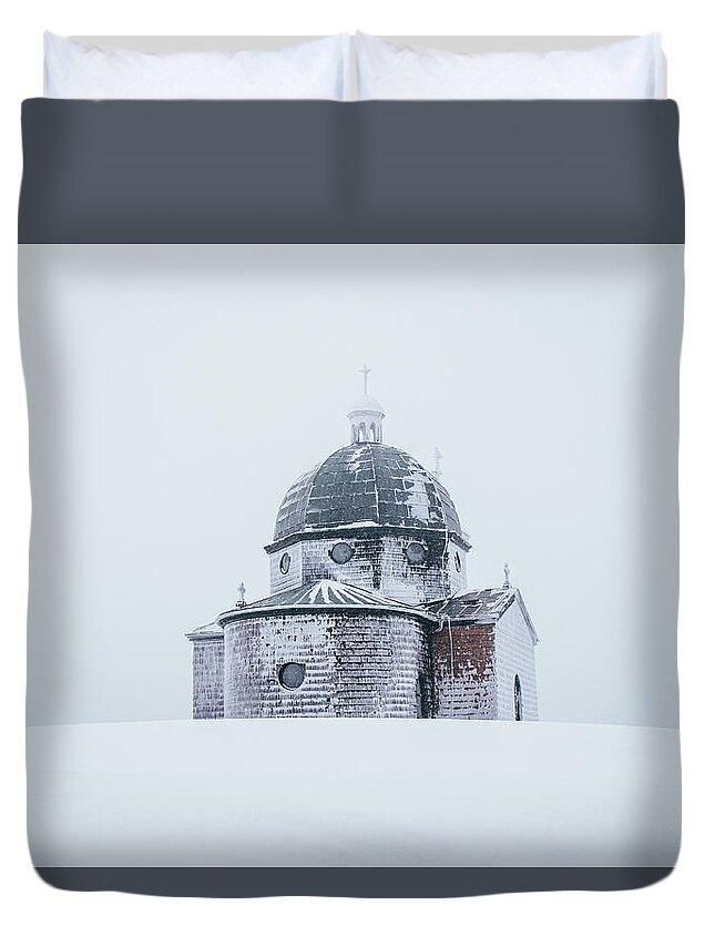 Radhost Duvet Cover featuring the photograph Frozen historical chapel - White colour by Vaclav Sonnek