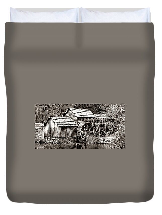 America Duvet Cover featuring the photograph Frozen Mabry Mill Sepia Panorama - Virginia Blue Ridge Parkway by Gregory Ballos