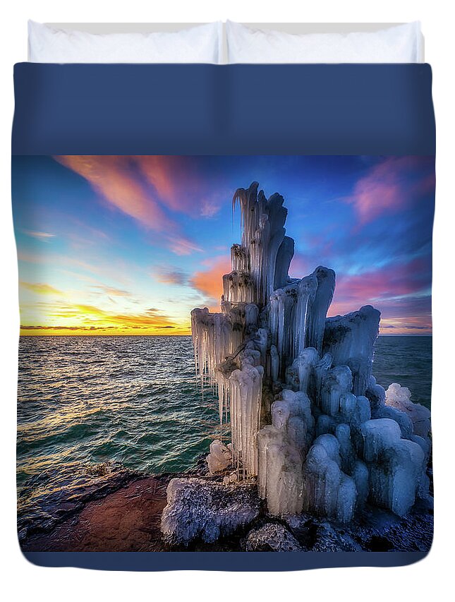 Door County Duvet Cover featuring the photograph Frozen Sunrise by Brad Bellisle