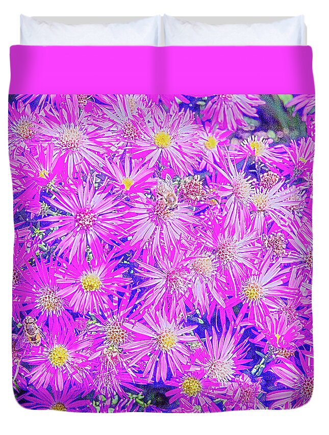 Pacific Northwest Duvet Cover featuring the digital art Fuchsia Flowers On Blue by David Desautel