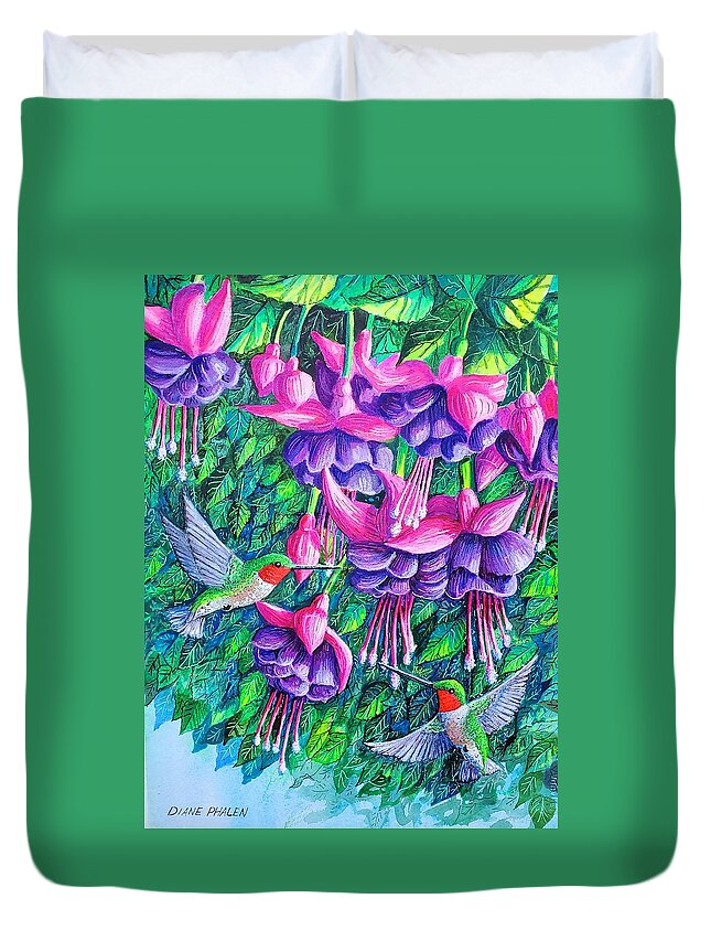 Fuchsia. Hummingbirds Duvet Cover featuring the painting Fuchsia Frolic by Diane Phalen