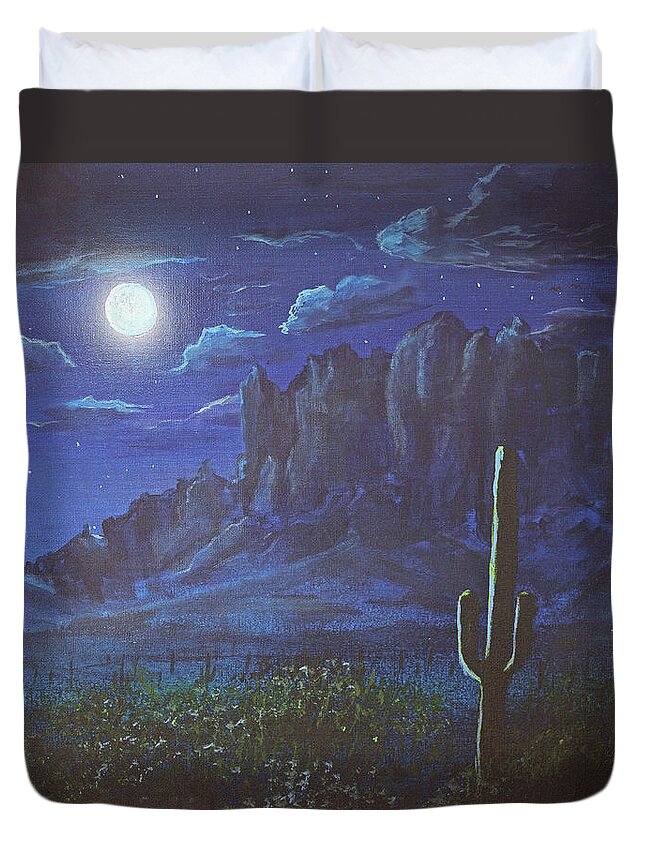 Superstition Mountains Duvet Cover featuring the painting Full Moon over the Superstition Mountains, Arizona by Chance Kafka