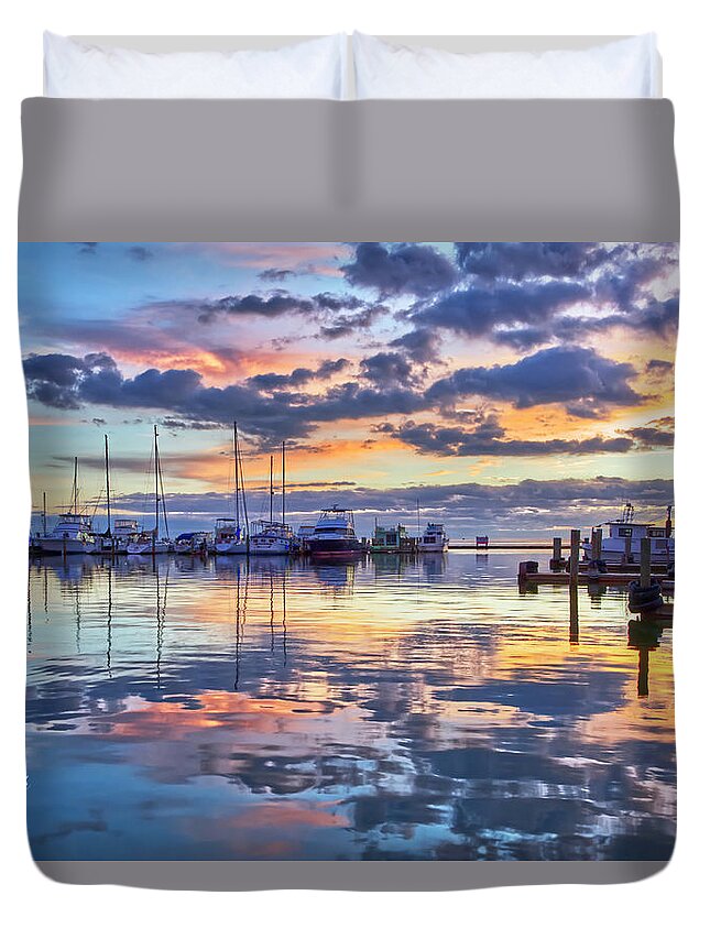 Reflections Duvet Cover featuring the photograph Fulton Harbor Sunrise by Ty Husak