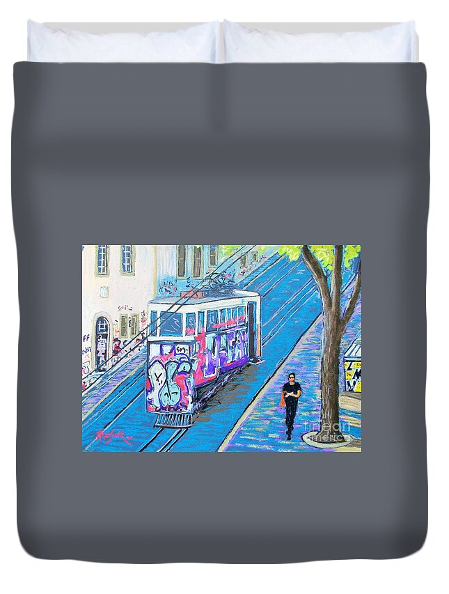 Pastel Duvet Cover featuring the pastel Funicular -Lisbon by Rae Smith PAC