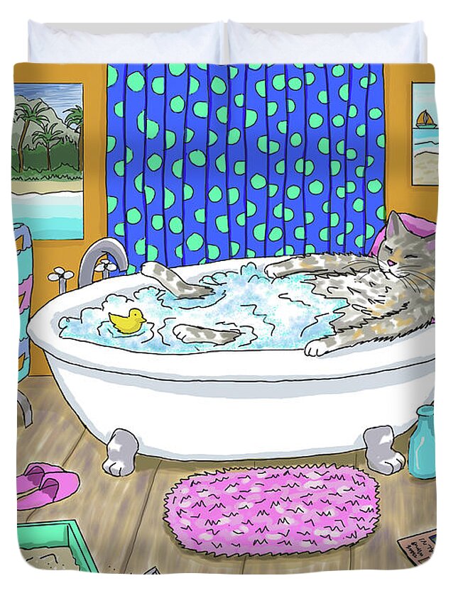 Cat Duvet Cover featuring the digital art Funny Cat in Bath Cat 665 by Lucie Dumas