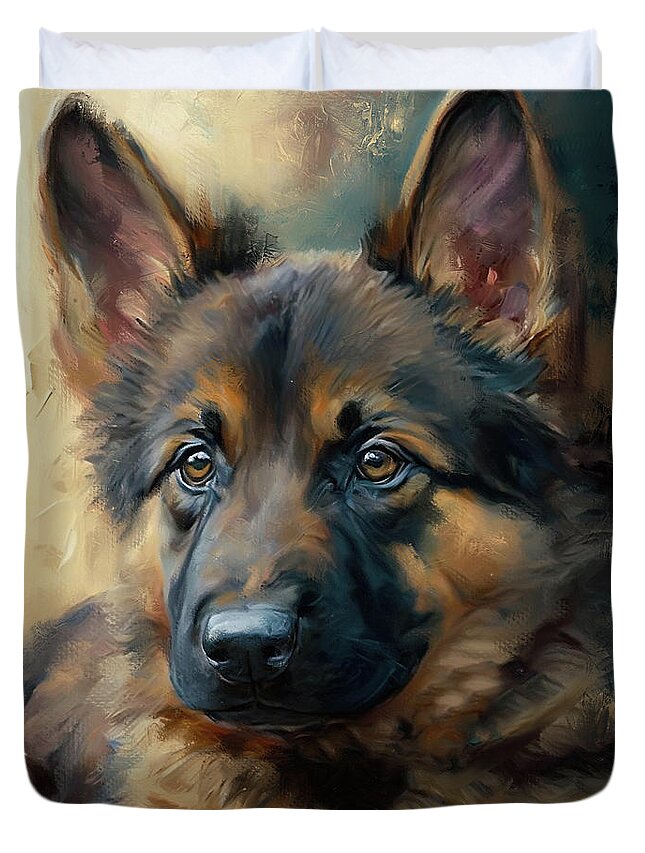Dog Duvet Cover featuring the painting Future Protector German Shepherd Puppy by Jai Johnson