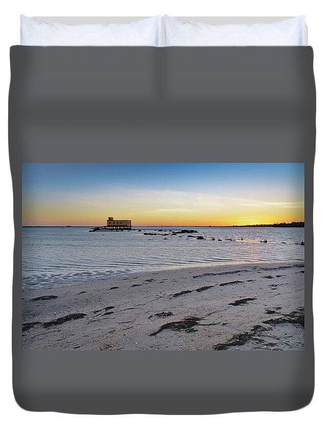 Algarve Duvet Cover featuring the photograph Fuzeta beach sunset scenery and landmark. Portugal by Angelo DeVal