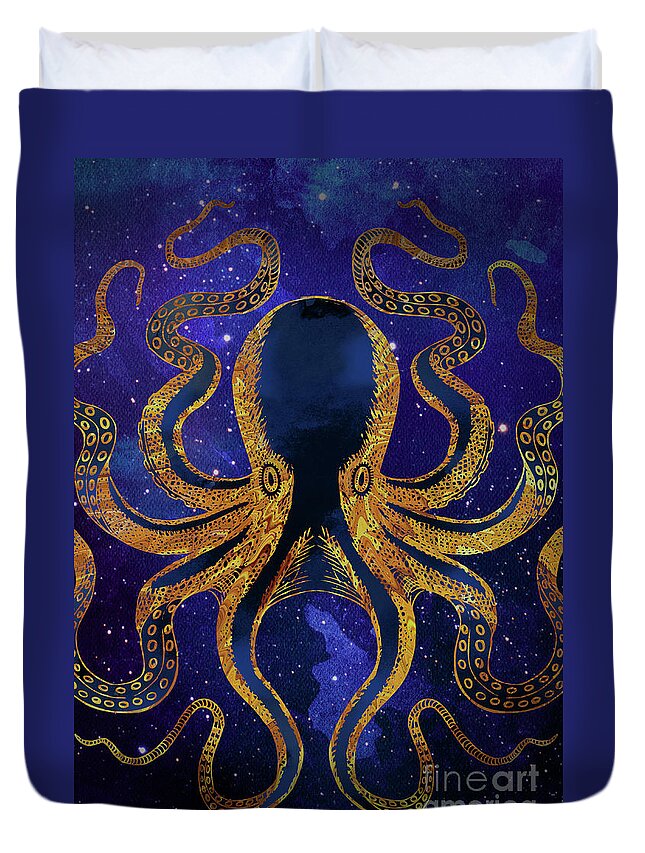 Galaxy Duvet Cover featuring the digital art Galaxy Octopus by Sambel Pedes