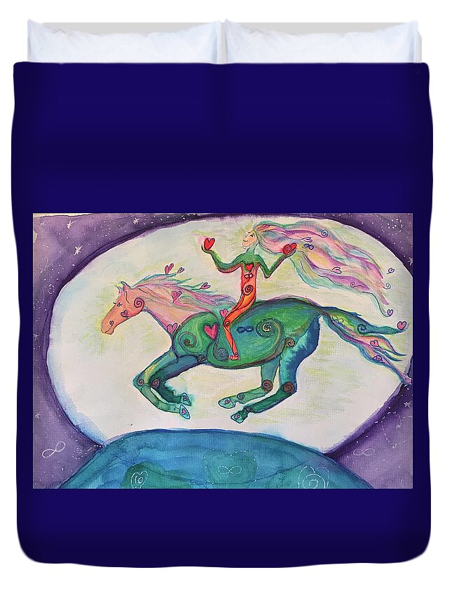 Horse Duvet Cover featuring the painting Galloping Hearts by Sandy Rakowitz