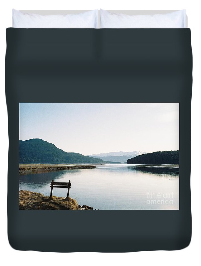 #alaska #ak #juneau #cruise #tours #vacation #peaceful #sealaska #southeastalaska #calm #35mm #analog #film #reflection #douglas #admiraltyisland #chilkatmountains #chilkats #capitalcity #lynncanal #clearskies #clearblueskies #sprucewoodstudios Duvet Cover featuring the photograph Game Refuge Trail by Charles Vice