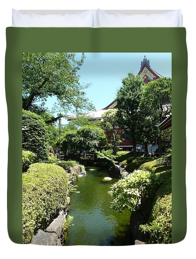 Blue Duvet Cover featuring the photograph Garden at the Senso-Ji Temple by Constance DRESCHER