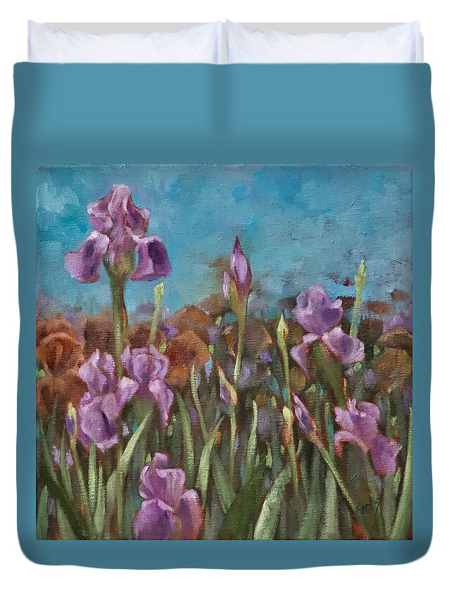 Iris Duvet Cover featuring the painting Garden Bounty by Linda Eades Blackburn