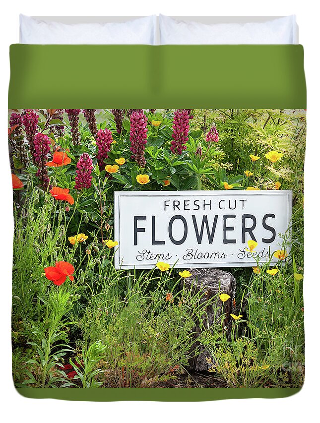 Arrangement Duvet Cover featuring the photograph Garden flowers with fresh cut flower sign 0771 by Simon Bratt