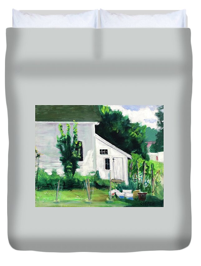 Home Town Duvet Cover featuring the painting Garden Shed by Cyndie Katz