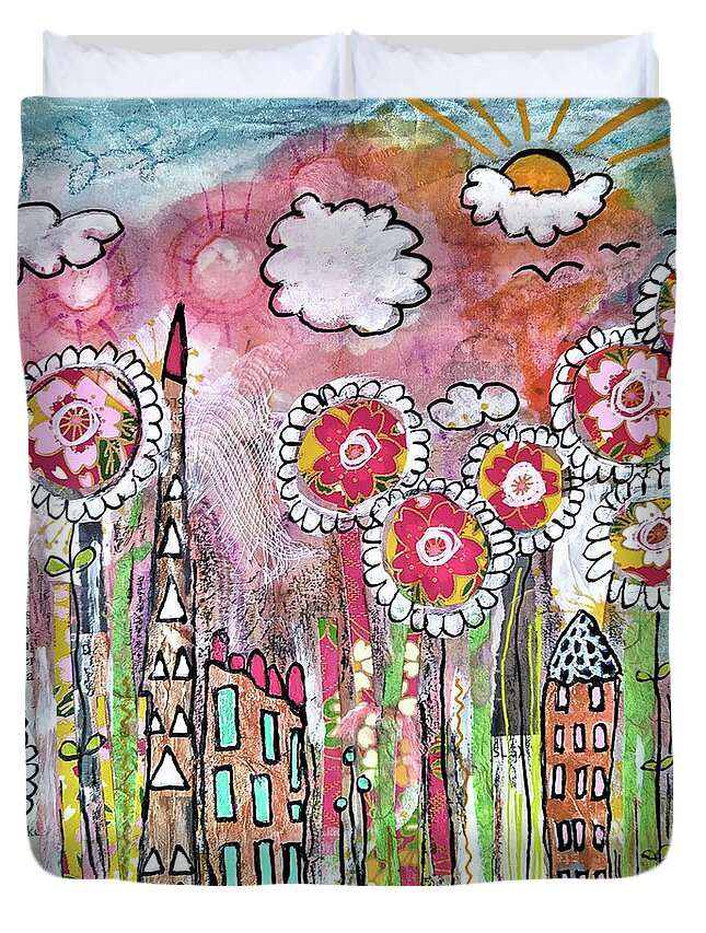 City Duvet Cover featuring the mixed media Gartenstadt - Garden Town by Mimulux Patricia No