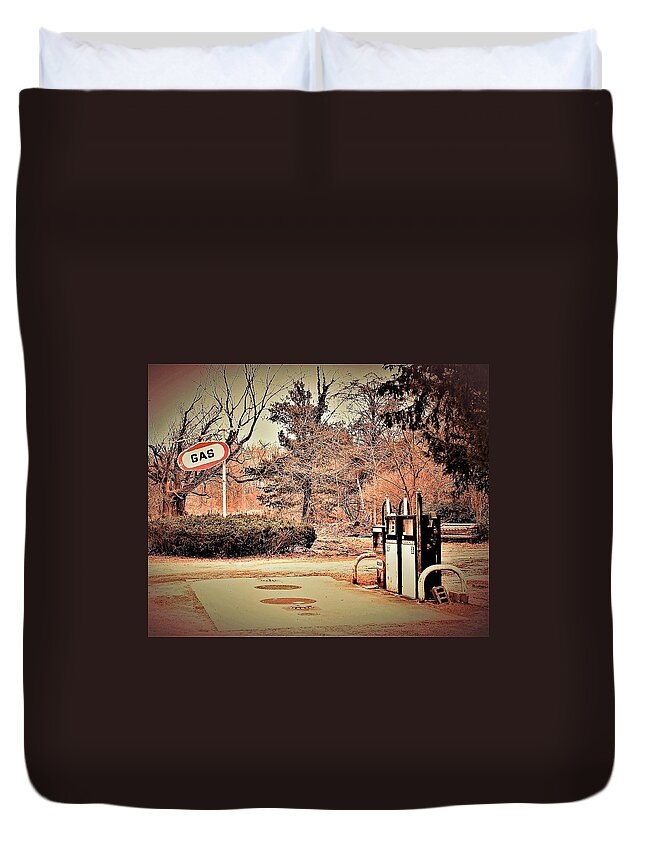 Gas Station Pumps Trees Metal Duvet Cover featuring the photograph Gas Station by John Linnemeyer