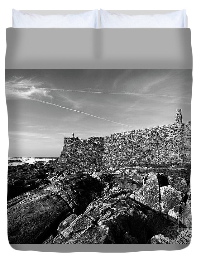 Portugal Duvet Cover featuring the photograph Gelfa Castle black and white Portugal by James Brunker