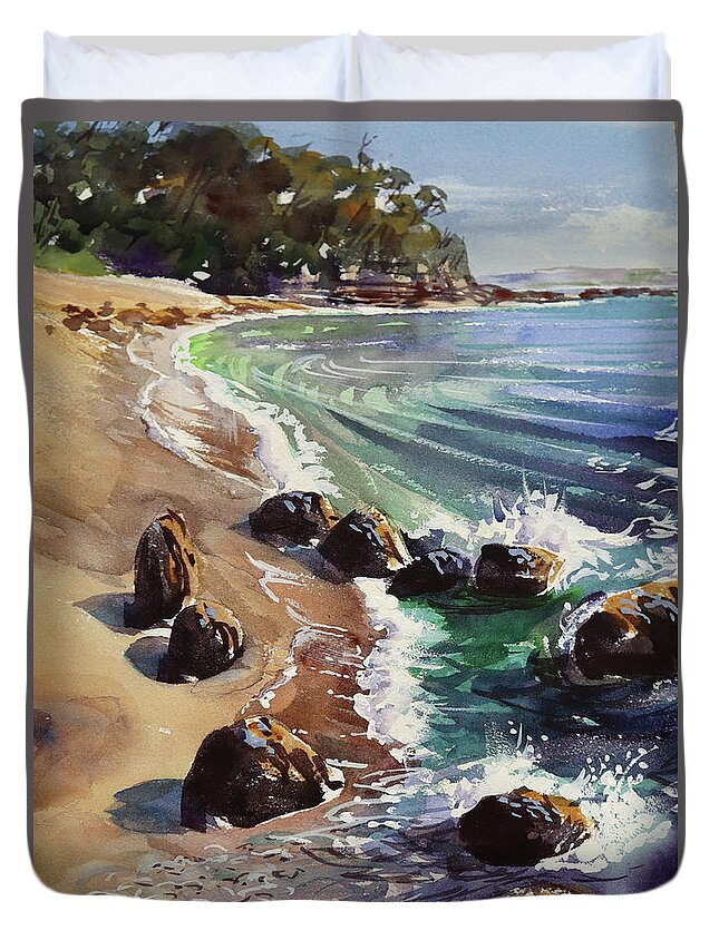 Landscape Duvet Cover featuring the painting Gems on the Beach by Shirley Peters