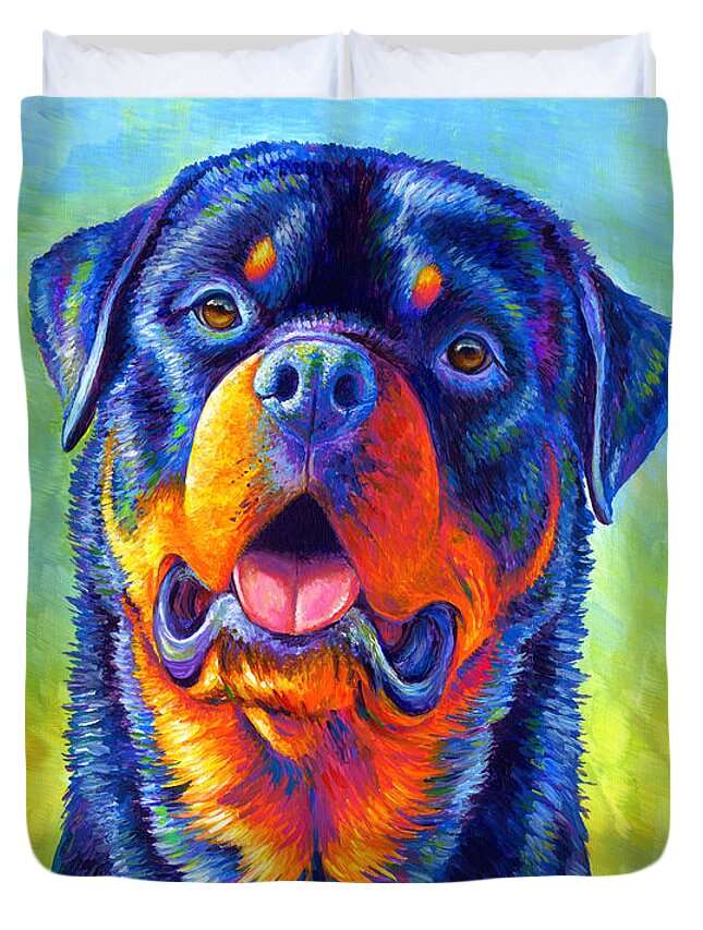Rottweiler Duvet Cover featuring the painting Gentle Guardian Colorful Rottweiler Dog by Rebecca Wang