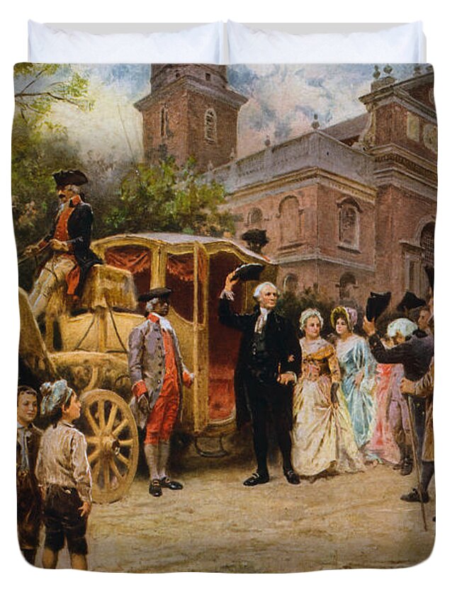 George Washington Duvet Cover featuring the painting George Washington arriving at Christ Church by War Is Hell Store