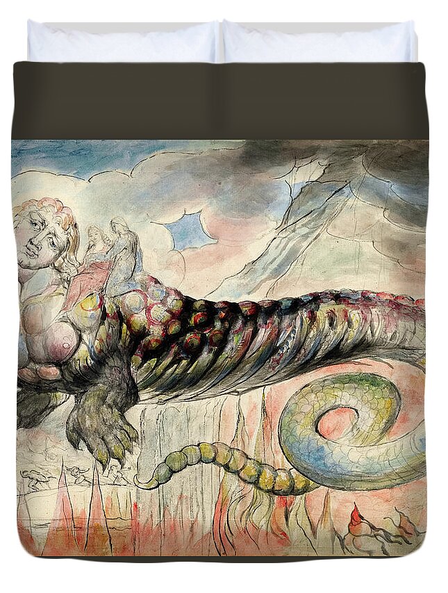 William Blake Duvet Cover featuring the painting Geryon conveying Dante and Virgil down towards Malebolge, 1827 by William Blake