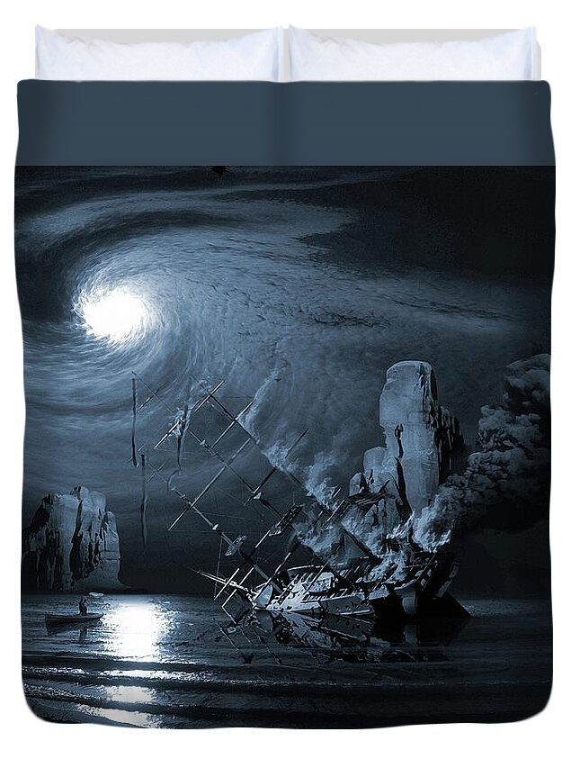 Legend Myth Saga Legend Boats Stories Fact Or Fiction Tall Tale Moonlight Vessel Yacht Phantom Flames Ocean Dark Examples Of Legends Examples Of Myths Duvet Cover featuring the digital art Ghost ship series The birth of the legend by George Grie