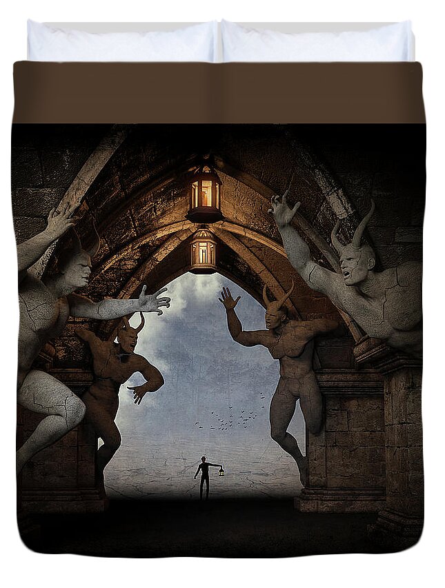 Statues Giant Giants Stone Fantasy Surreal Piranesi Horns Duvet Cover featuring the digital art Giants in Stone by Alisa Williams