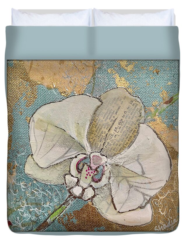Orchid White Orchids Flowers Blossom Tropical Tropics Love Beauty Whitish Soft Delicate Green Fragile Fertility Refinement Thoughtfulness Charm Phalaenopsis Reverence Gold Gold Leaf Metallic Elegance Elegant Graceful Petite Dow Gardens Garden Midland Dowgarden Gold Collage Shadia Blue Pale Blue Soft Blue Duvet Cover featuring the painting Gilded Orchid I by Shadia Derbyshire