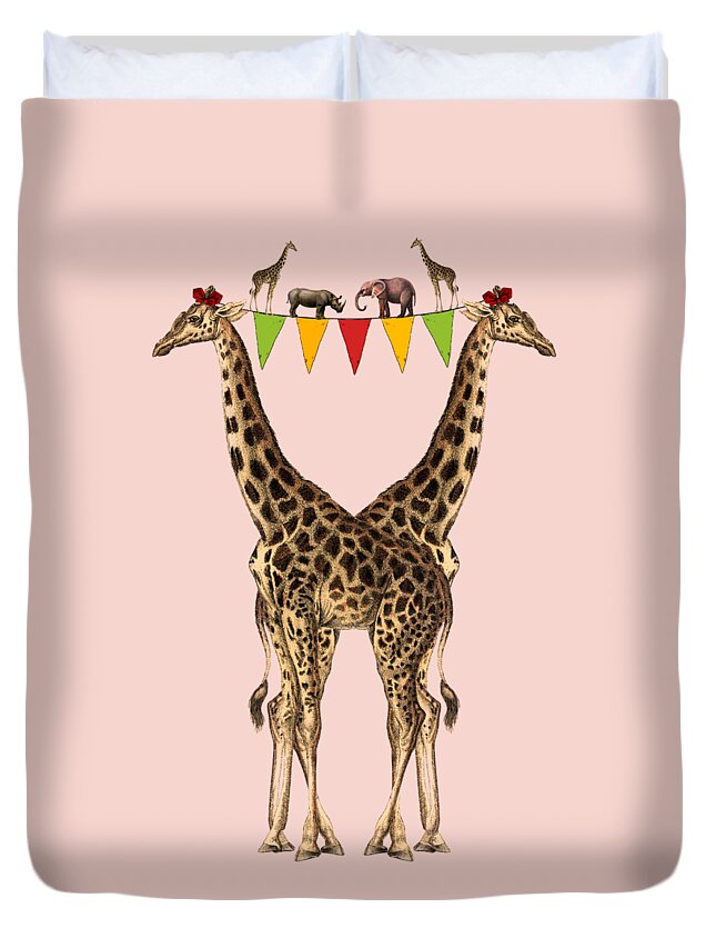 Giraffe Duvet Cover featuring the digital art Giraffes With Party Banner by Madame Memento
