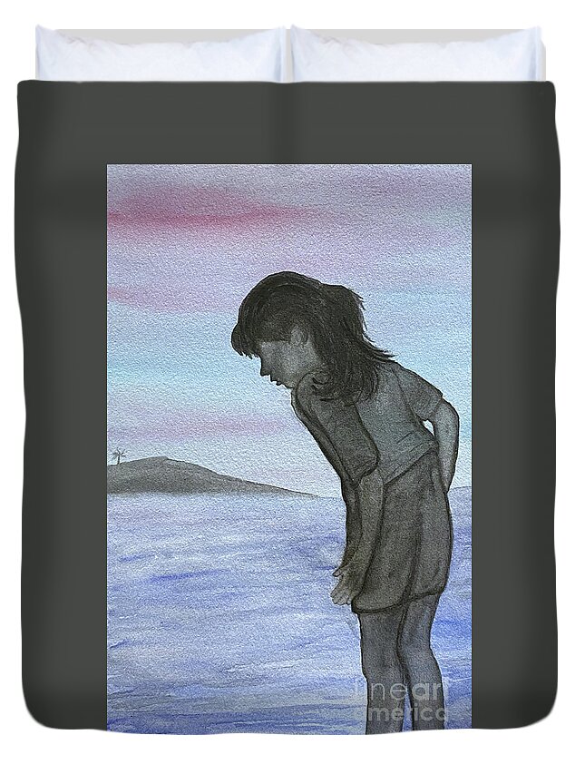 Silhouette Duvet Cover featuring the painting Girl at the Beach by Lisa Neuman