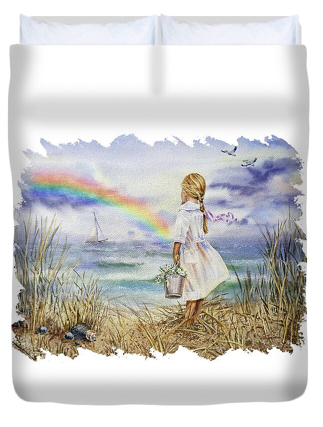 Girl And Ocean Duvet Cover featuring the painting Girl At The Ocean Shore Watching The Rainbow And Boat Watercolor Seascape by Irina Sztukowski