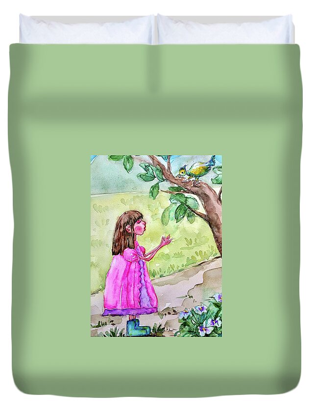 Bird Duvet Cover featuring the painting Girl Singing with Bird by Mikyong Rodgers